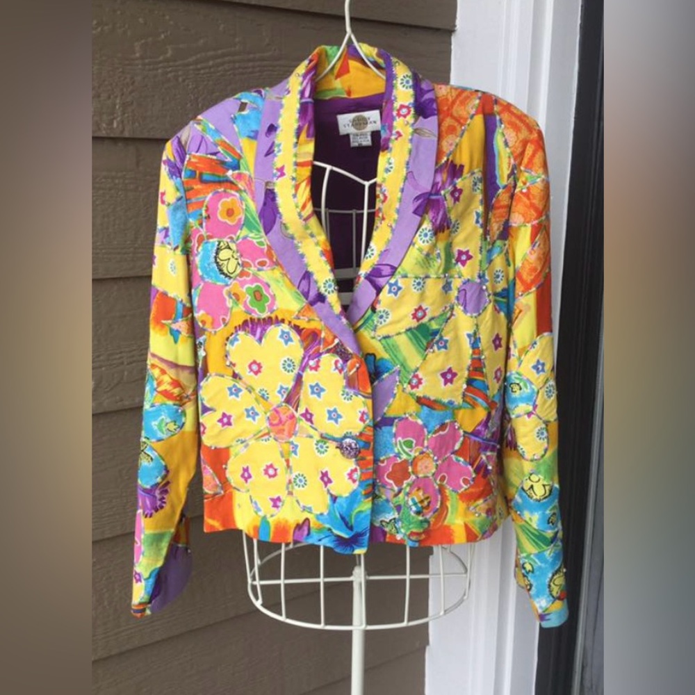Sandy Starkman Patchwork ColorfulFloral Jacket Women’s Blazer Yellow Purple